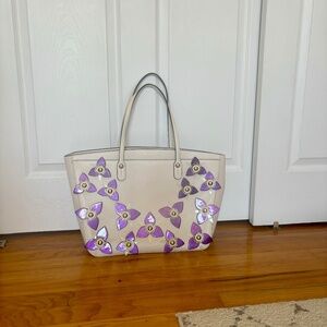 Henri Bendel Leather Cream West 57th Tote with Holographic Floral Appliqués